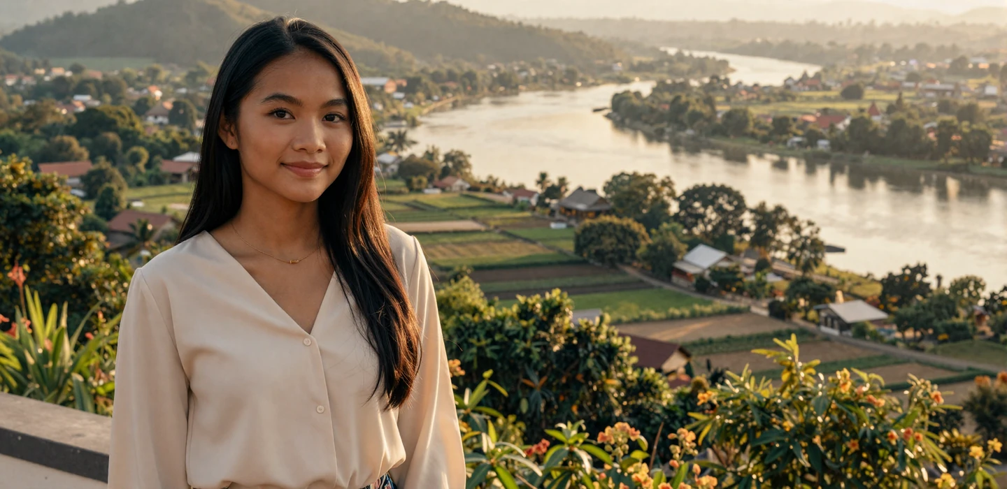 Beautiful Laotian woman smiling on a terrace overlooking the Mekong River valley at golden hour - Laotian women dating on DatingSites2