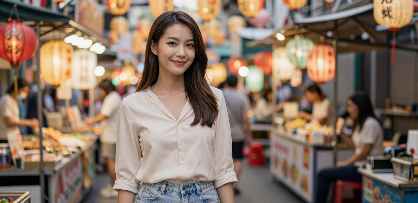 Beautiful Taiwanese woman smiling at a vibrant Taipei night market with colorful lanterns - Taiwanese women dating on DatingSites2