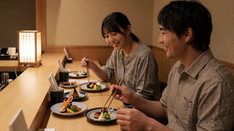 Western man and Japanese woman sharing a meal at an intimate Tokyo izakaya - Japanese women dating experience