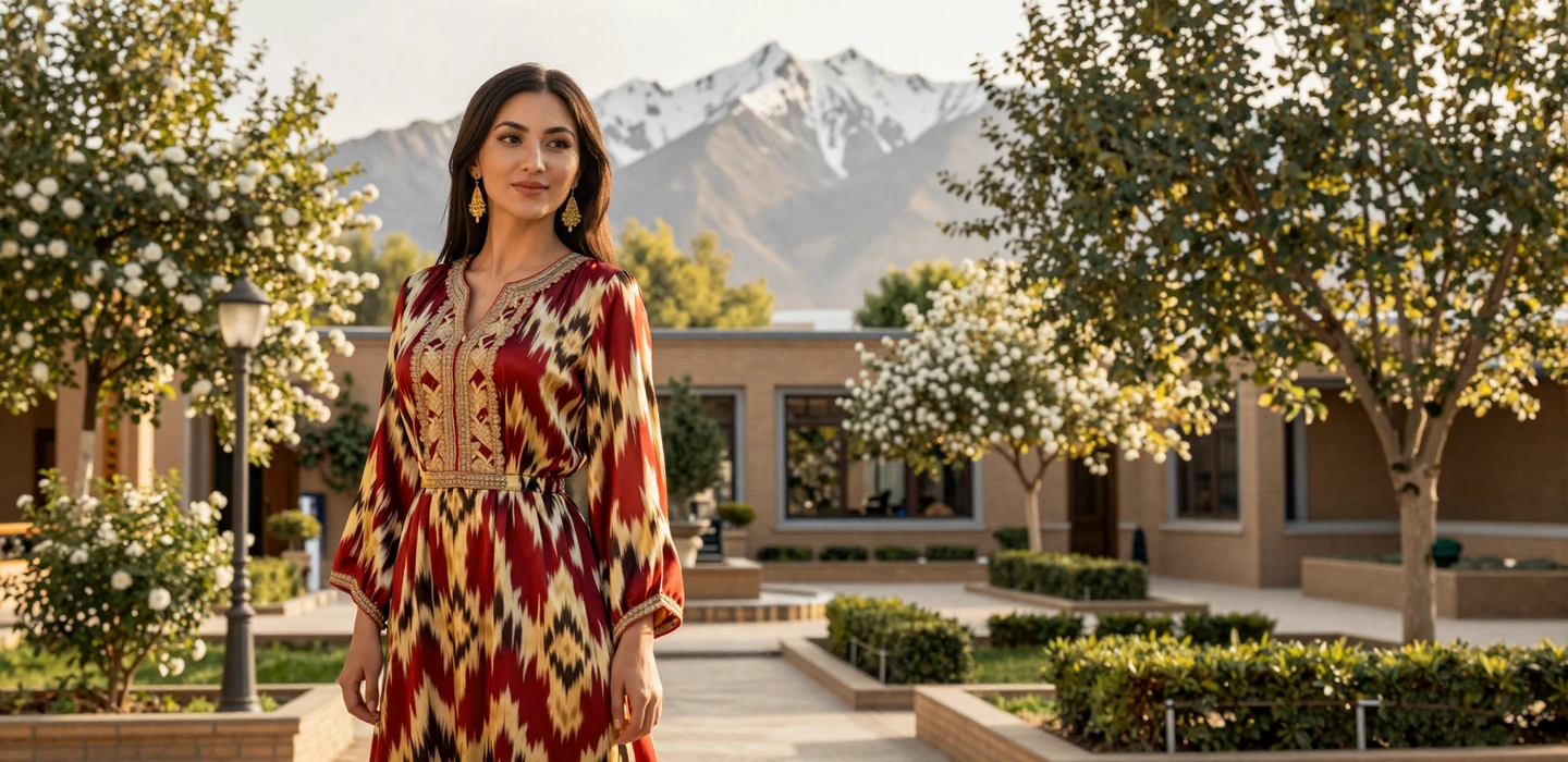 Beautiful Tajik woman in colorful traditional atlas silk dress smiling in a sunlit Dushanbe garden with Pamir mountains - Tajik women dating on DatingSites2
