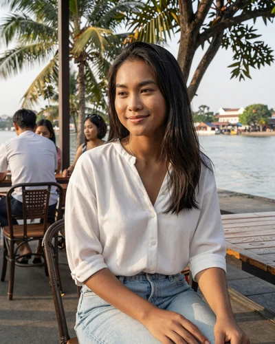 Cambodian woman enjoying morning chai at a riverside cafe in Phnom Penh - modern Cambodian dating lifestyle