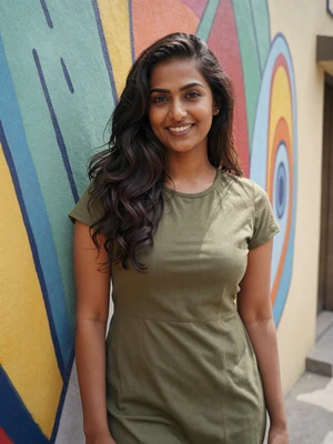 Deepa, 28-year-old Indian woman near colorful mural - how to write dating profile for Asian dating