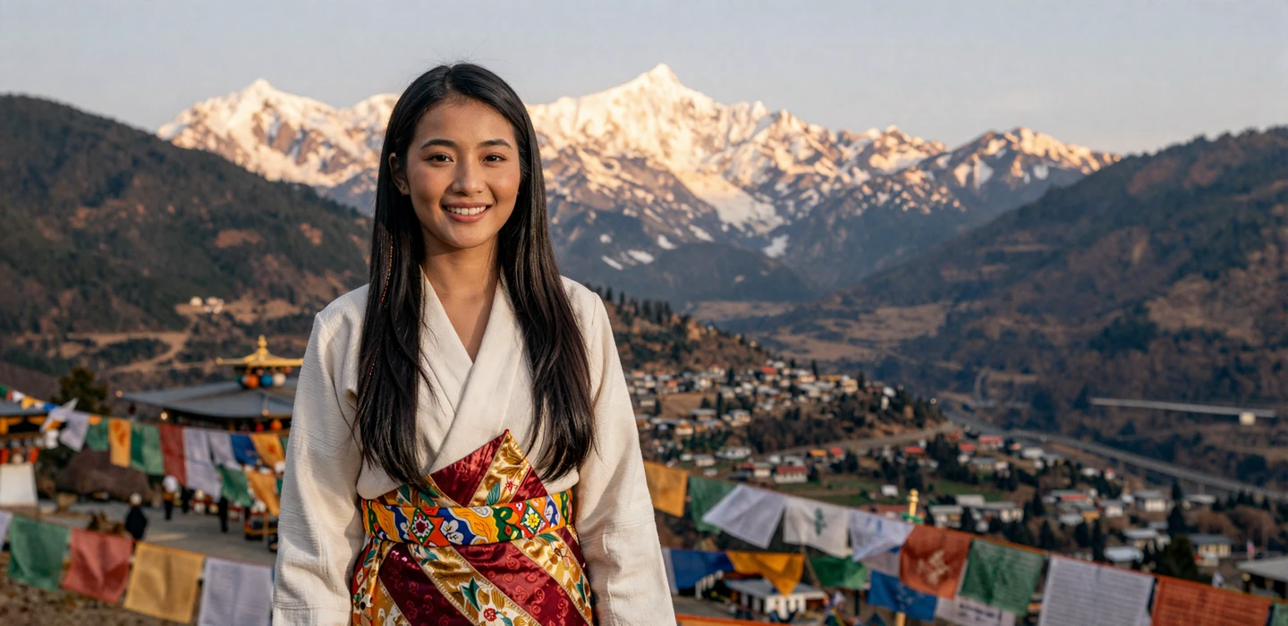 Beautiful Bhutanese woman in traditional kira dress smiling in a Himalayan valley with prayer flags - Bhutanese women dating on DatingSites2