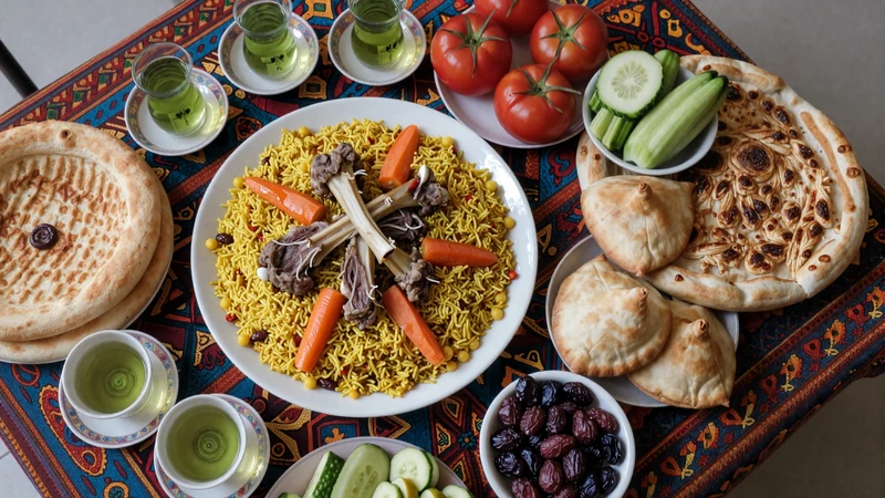 Traditional Uzbek meal spread with plov, non bread, somsa and green tea on a colorful dastarkhan - Uzbek culinary hospitality
