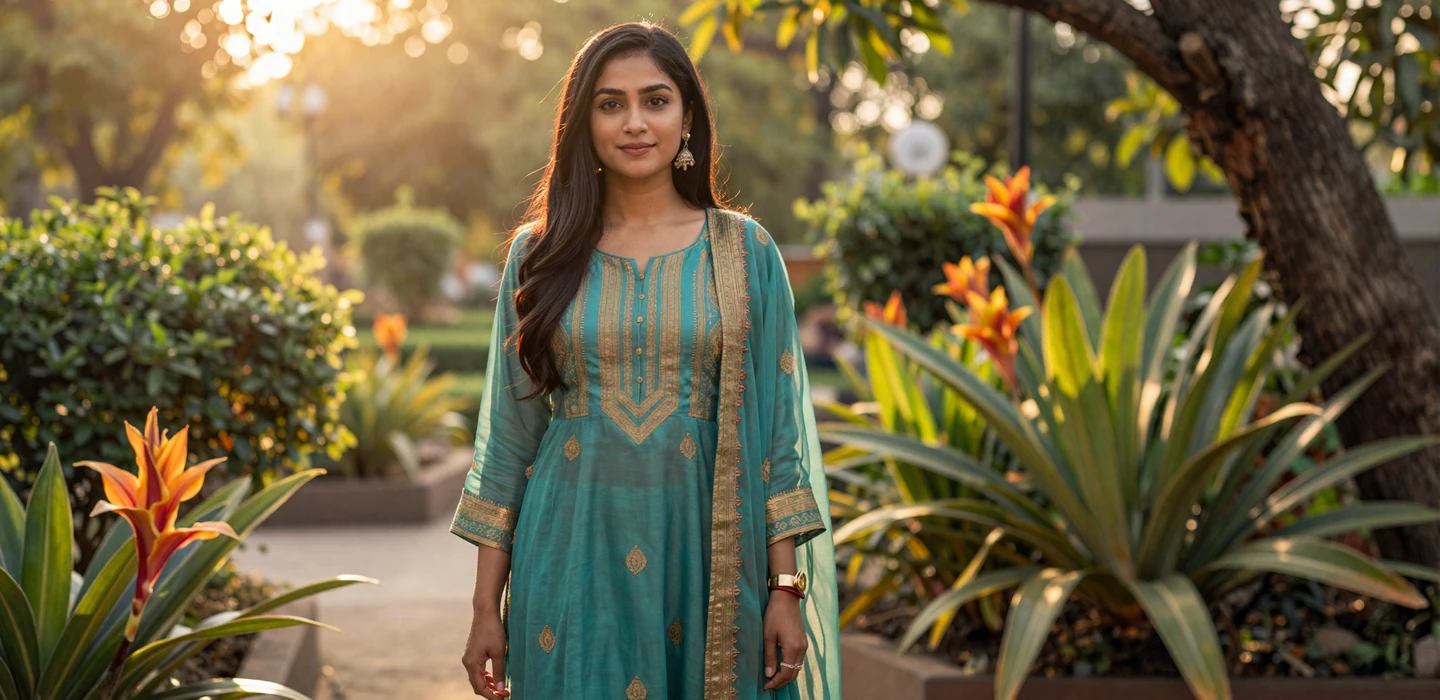 Beautiful Bangladeshi woman in elegant teal salwar kameez smiling in a garden - Bangladeshi women dating on DatingSites2
