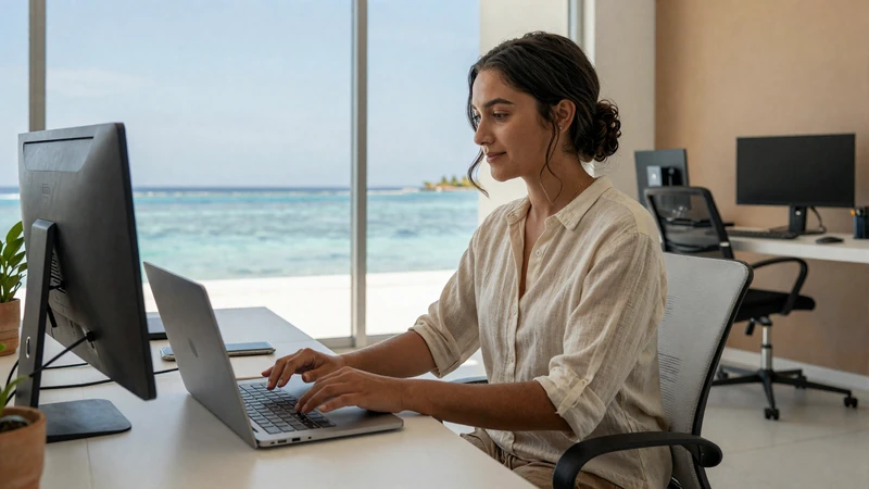 Maldivian professional woman working at a modern desk with ocean view - educated Maldivian women on DatingSites2