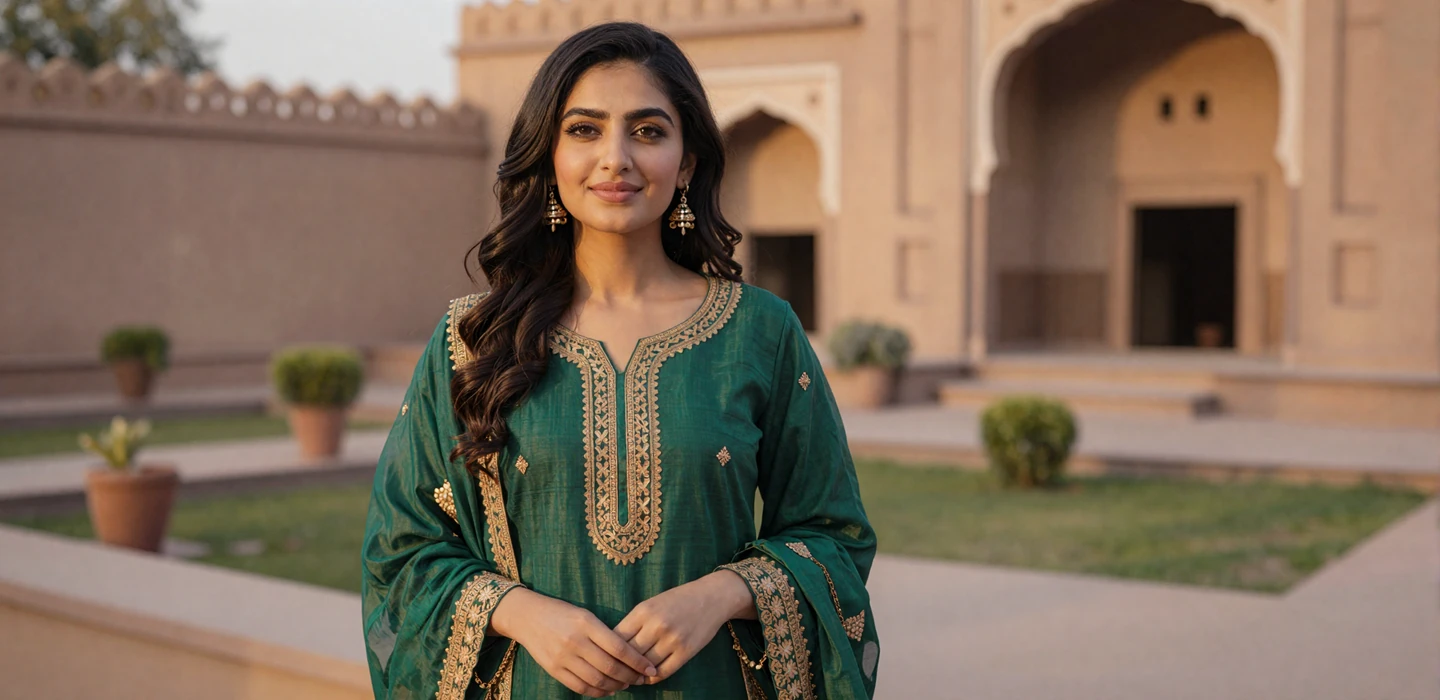 Beautiful Pakistani woman in elegant green shalwar kameez smiling in a garden - Pakistani women dating on DatingSites2