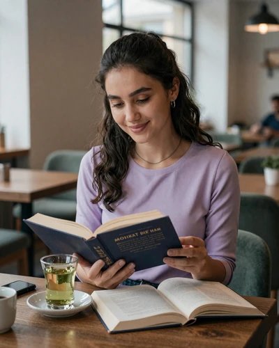 Tajik woman reading at a sunlit Dushanbe cafe with green tea - modern Tajik dating lifestyle