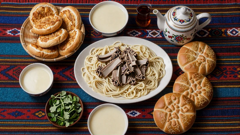 Traditional Kyrgyz meal spread with beshbarmak, boorsok, and kumyz on a shyrdak carpet - Kyrgyz culinary hospitality
