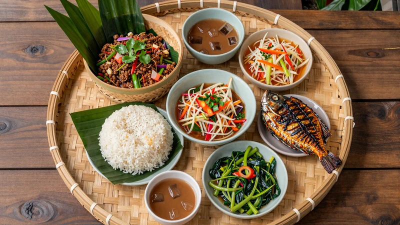 Traditional Lao meal spread with sticky rice, laap, papaya salad, grilled fish and Lao coffee - Lao culinary hospitality traditions