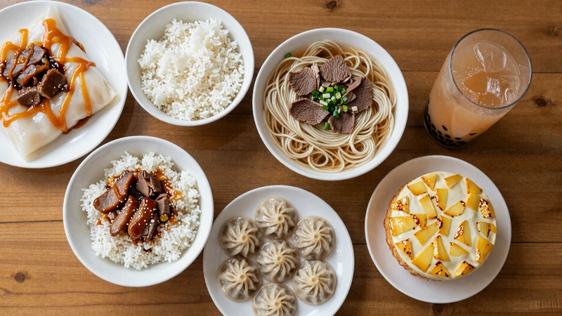 Traditional Taiwanese meal spread with lu rou fan, beef noodle soup, xiao long bao and bubble tea - Taiwanese culinary culture