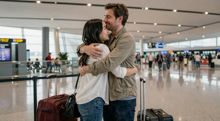 International couple reuniting at airport arrivals gate - planning visits in a long-distance relationship