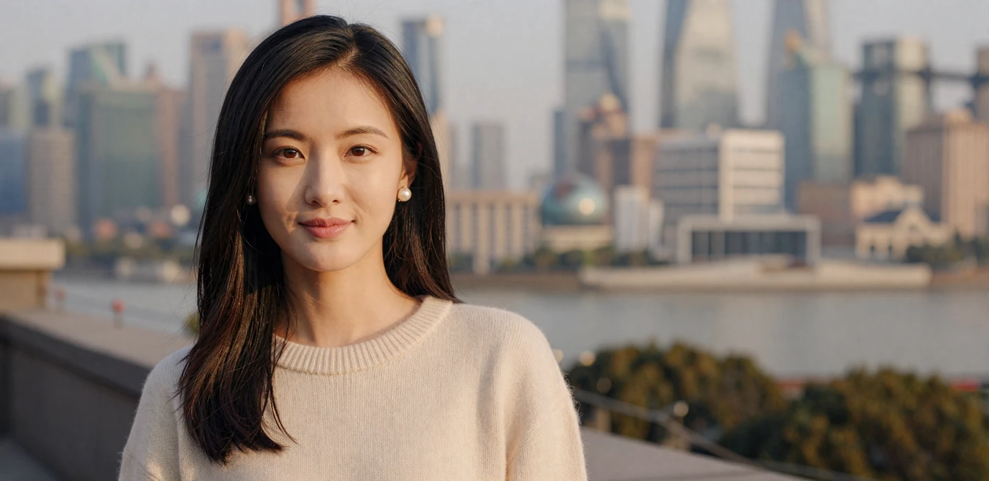 Beautiful Chinese woman in elegant cream sweater smiling on Shanghai rooftop at golden hour - Chinese women dating on DatingSites2