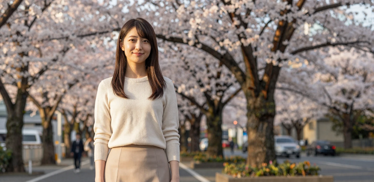 Elegant Japanese woman smiling under cherry blossoms in Tokyo - Japanese women dating on DatingSites2