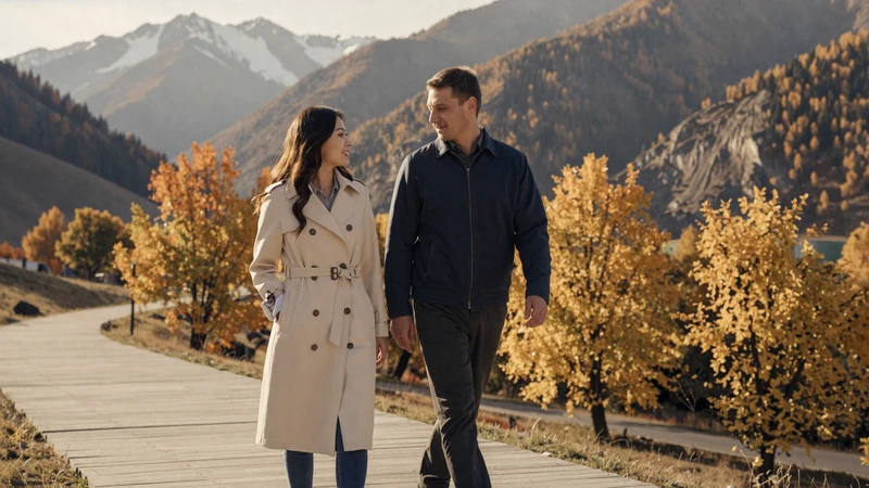 Western man and Kazakh woman walking together near Almaty mountains during golden hour - Kazakh women dating experience