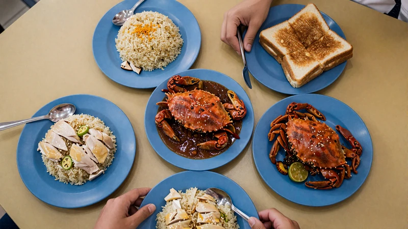Authentic Singaporean hawker center spread with chicken rice, chili crab, laksa and kaya toast - Singapore food culture and dating