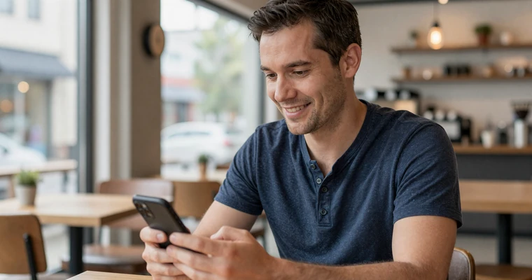 Man browsing a dating app on his smartphone in a bright cafe - beginner online dating guide 2026