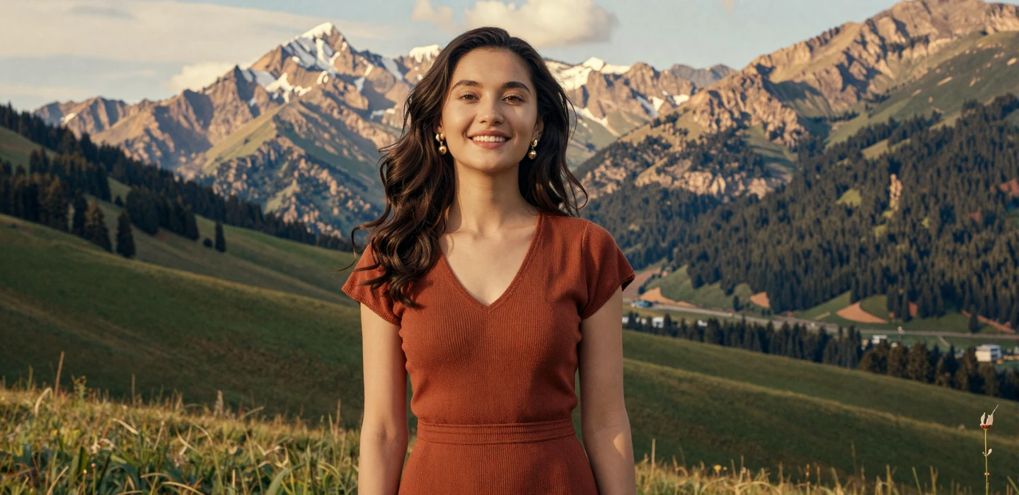 Beautiful Kyrgyz woman smiling in a green valley with Tien Shan mountains - Kyrgyz women dating on DatingSites2