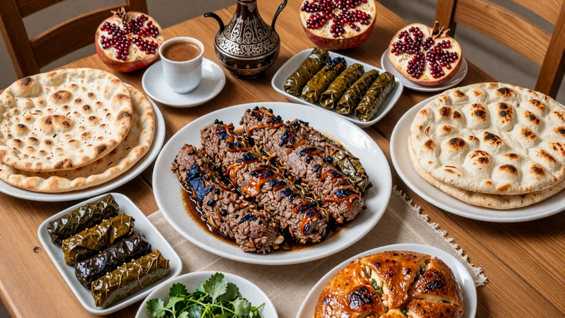 Traditional Armenian feast spread with khorovats, dolma, lavash and pomegranate - Armenian culinary hospitality and dating culture