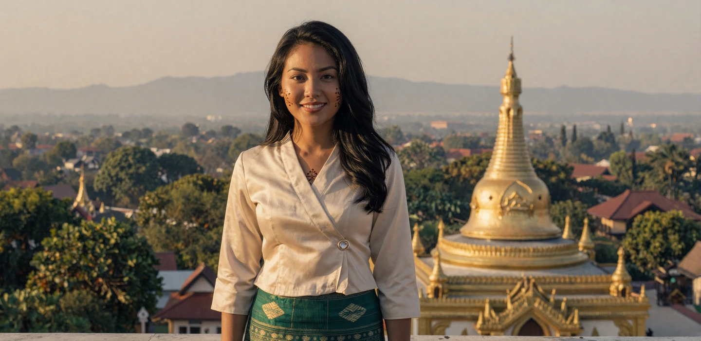 Beautiful Burmese woman with thanaka on cheeks wearing traditional longyi overlooking golden pagodas at sunset - Burmese women dating on DatingSites2