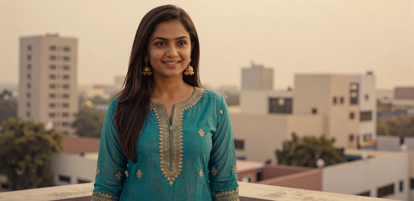 Beautiful Indian woman in elegant teal kurta smiling on a rooftop at golden hour - Indian women dating on DatingSites2