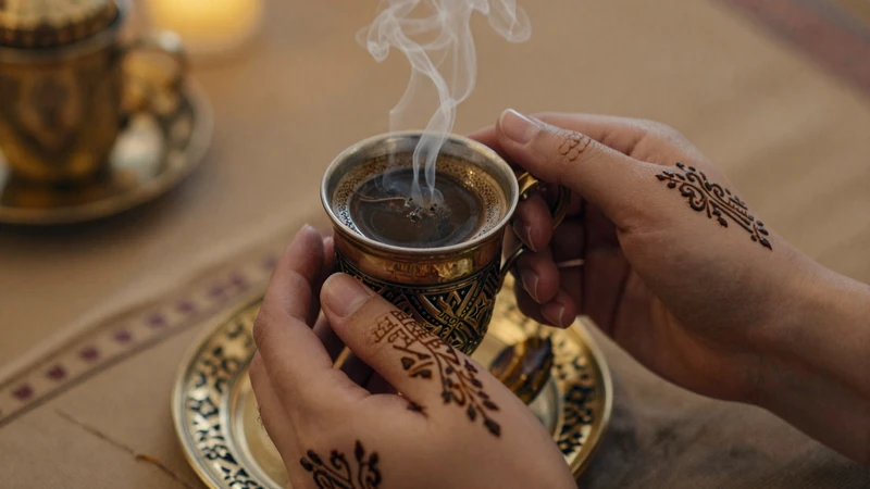 Yemeni woman's henna-decorated hands holding a traditional brass coffee cup - Yemeni cultural traditions