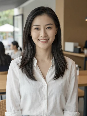 Jia, 26-year-old Chinese woman from Beijing smiling in a modern cafe - verified dating profile
