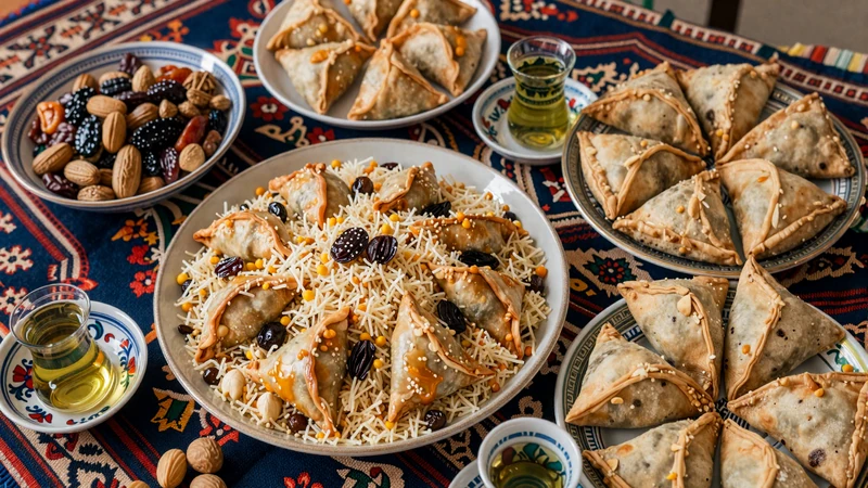 Traditional Tajik dastarkhan meal spread with osh pilaf, qurutob, sambusa and green tea - Tajik culinary hospitality