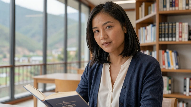Educated Bhutanese woman reading in a modern library with mountain views - Bhutanese women value education and intellectual growth