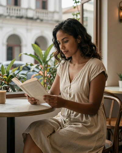 Timorese woman reading at a cafe in Dili with Portuguese colonial architecture - modern Timorese dating lifestyle